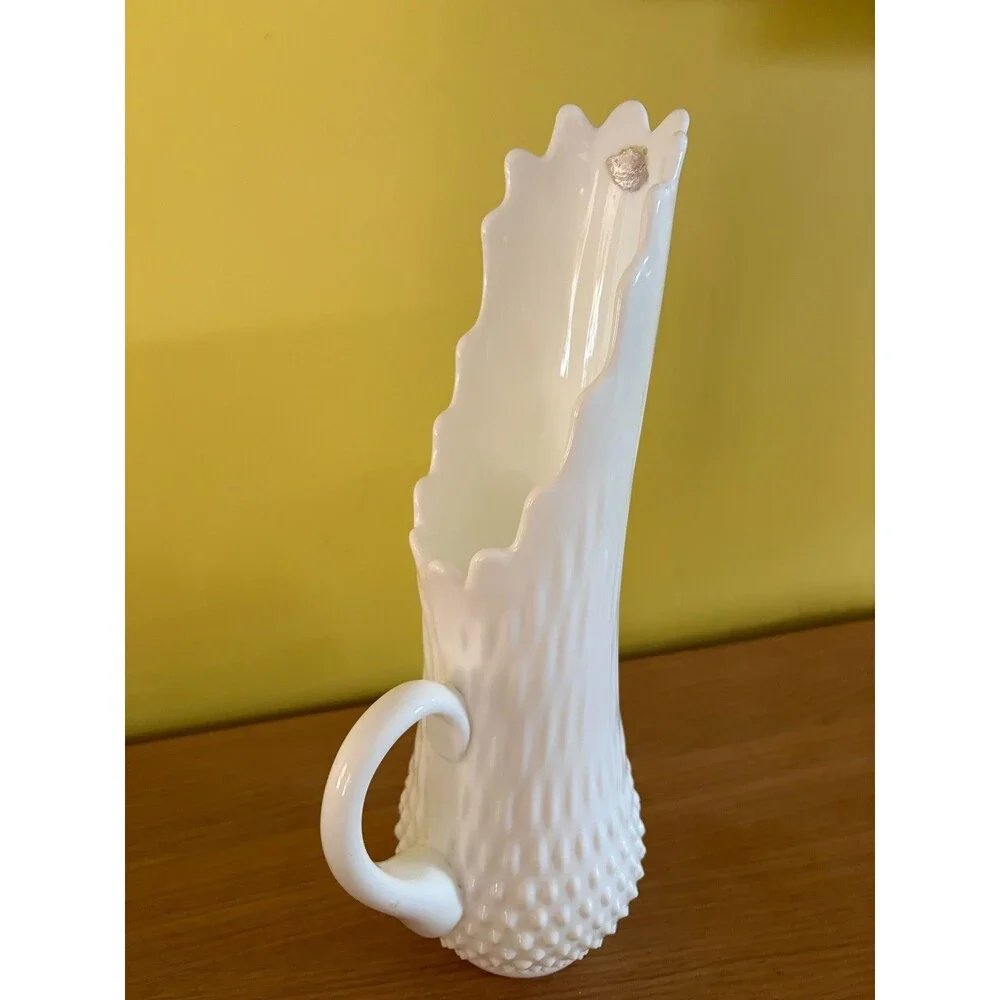Vintage Fenton Hobnail Milk Glass 16 Finger Swung Pitcher Vase 15